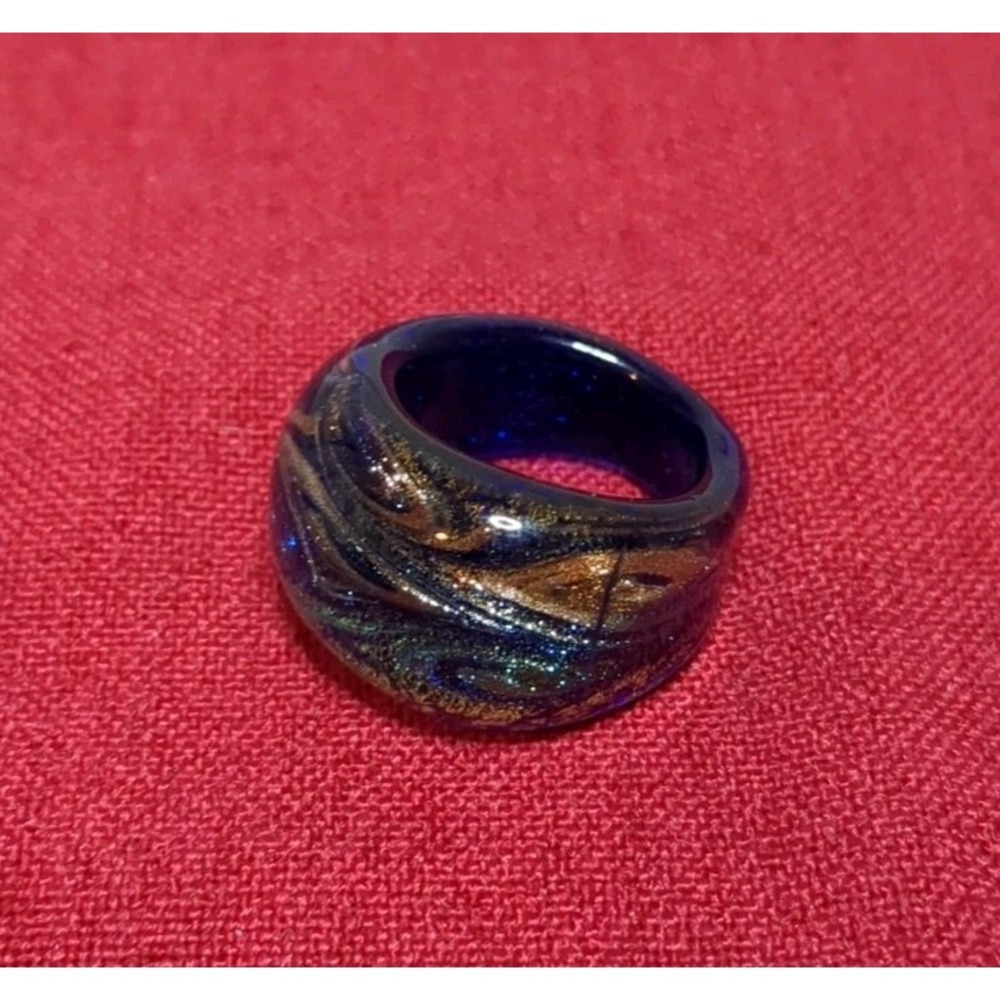 Lucite, Acrylic, Resin Ring‎ Blue With Gold & Green Swirls